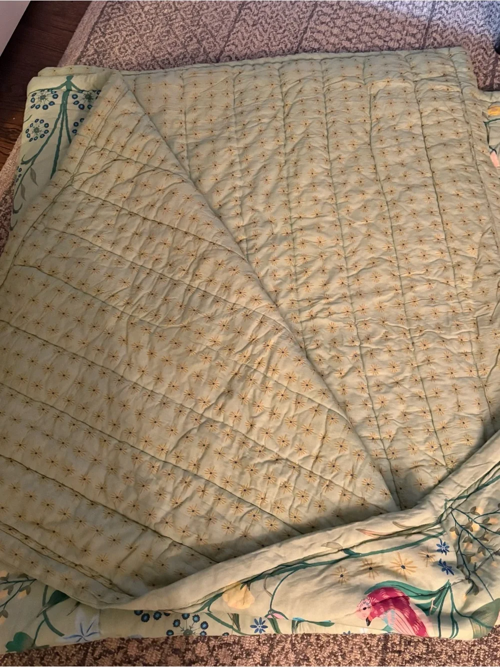 Anthropologie Floral Green Quilted Comforter - Multicolor Botanical Print